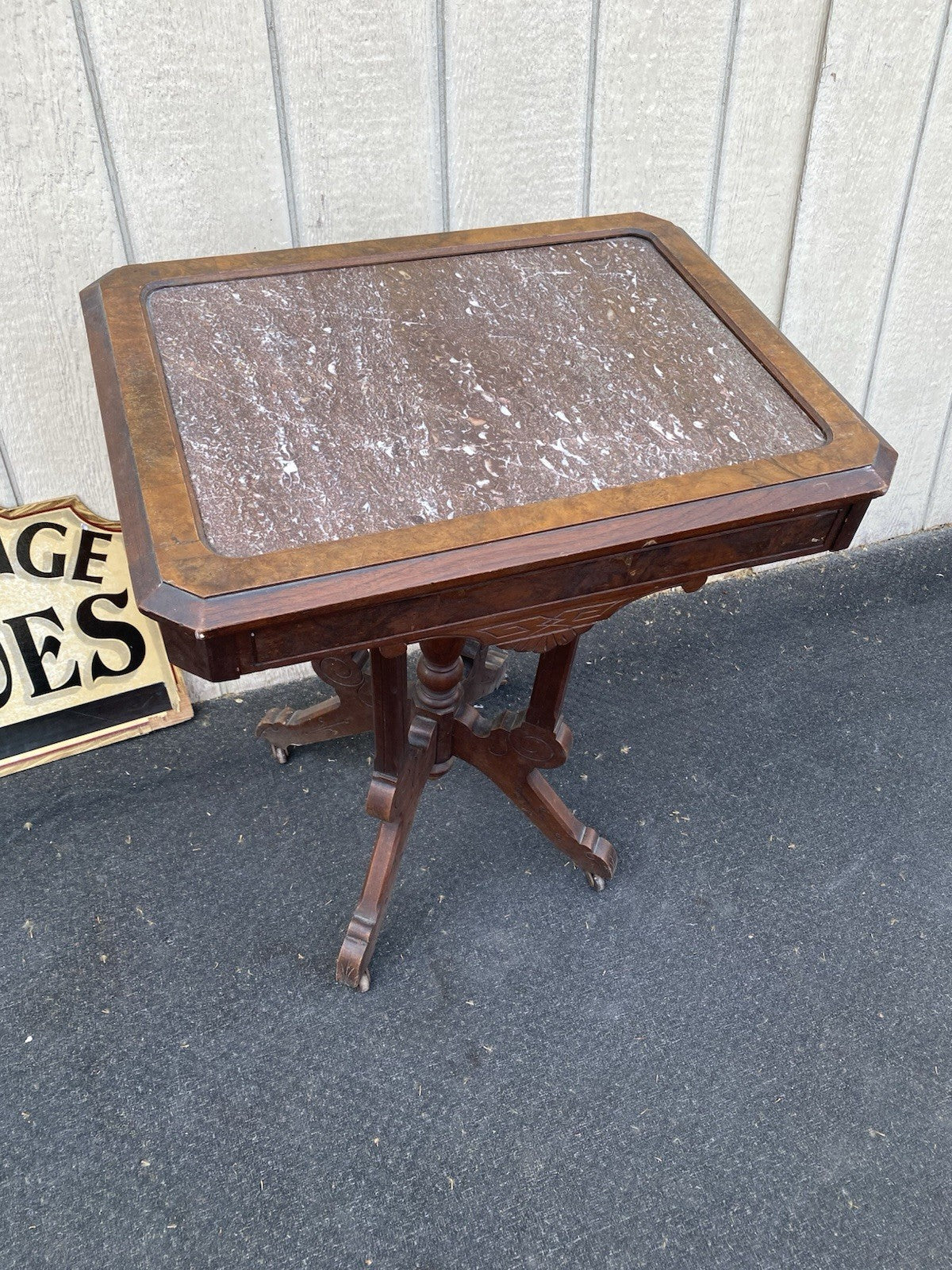 66591  Antique Victorian Marble Top Walnut Lamp Table Stand