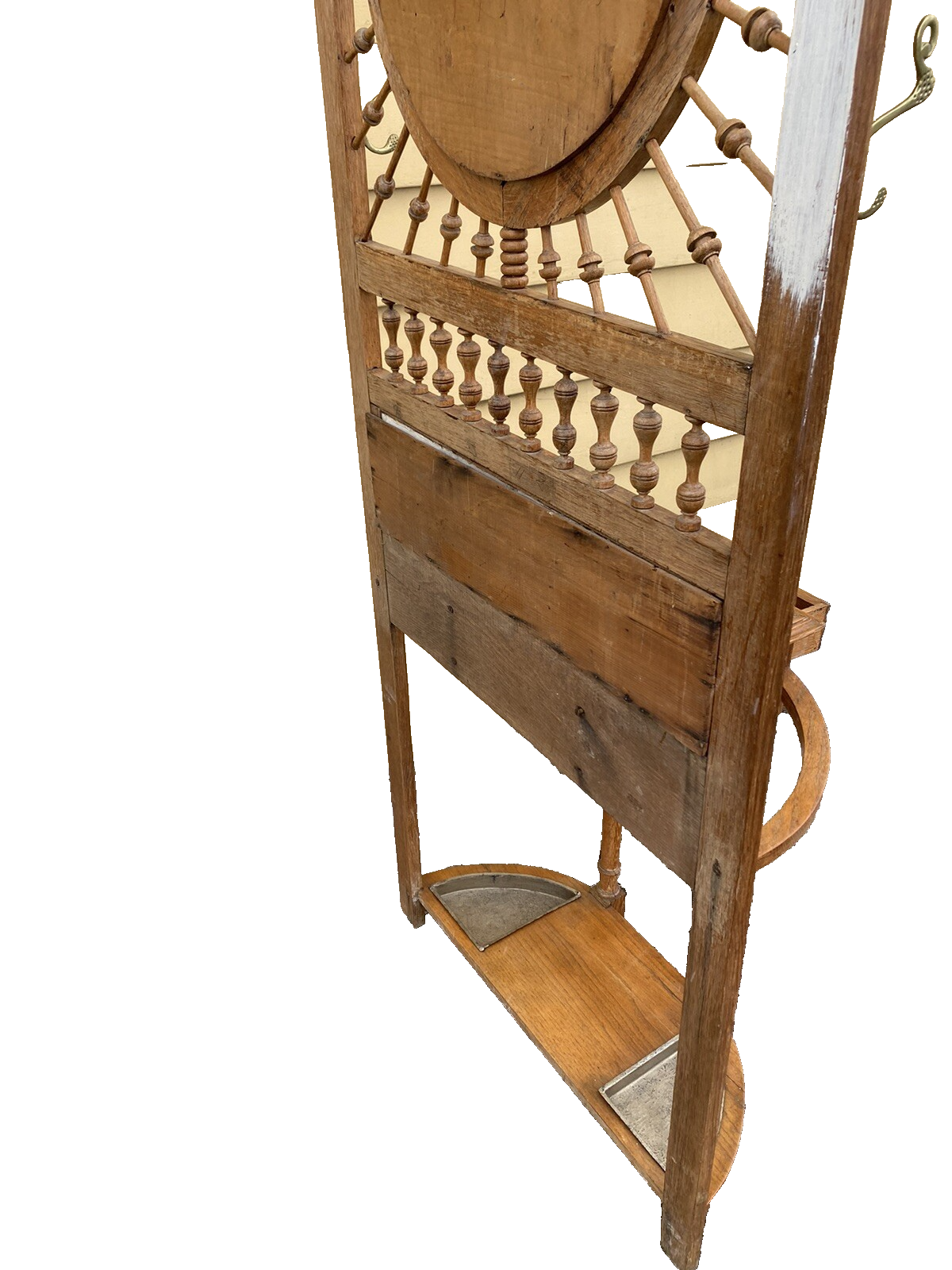 64527 Antique Victorian Oak Stick and Ball Hatrack Hall Seat with Mirror