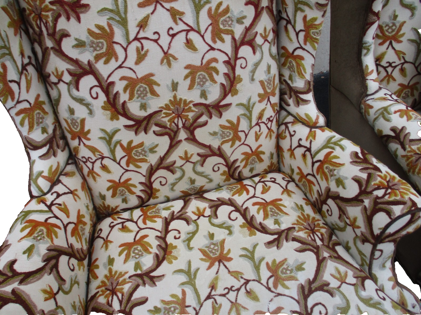 64184   Pair HICKORY  Furniture Crewel Embroidered Queen Anne Wing Chair s