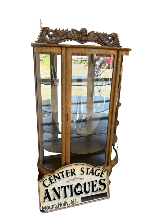 66656   Antique Victorian  Bow Glass Curio Cabinet with Angel Cherub Backsplash