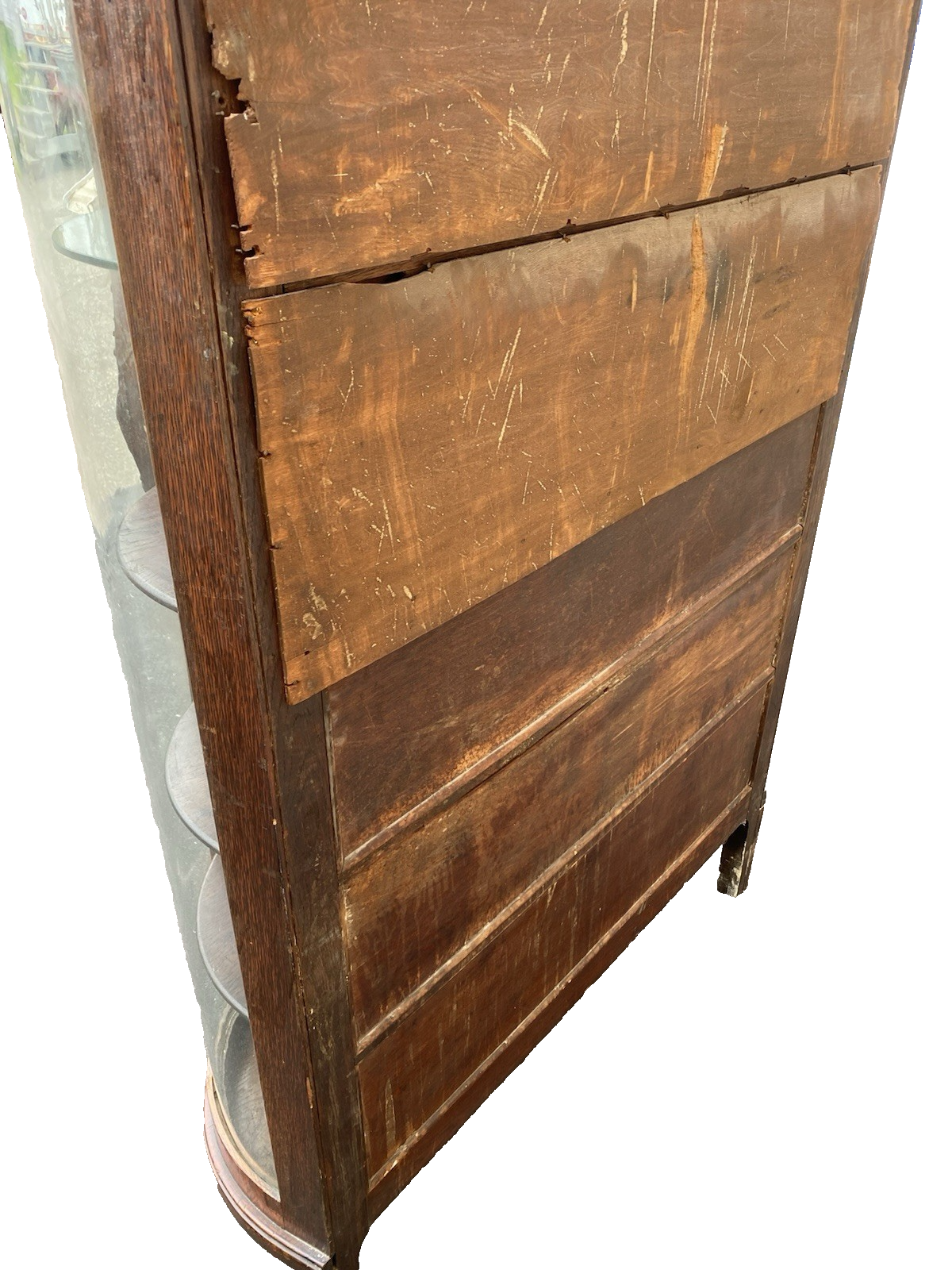 63537 Antique Victorian Oak Hand Carved Bow Glass Lion Head Curio China Cabinet