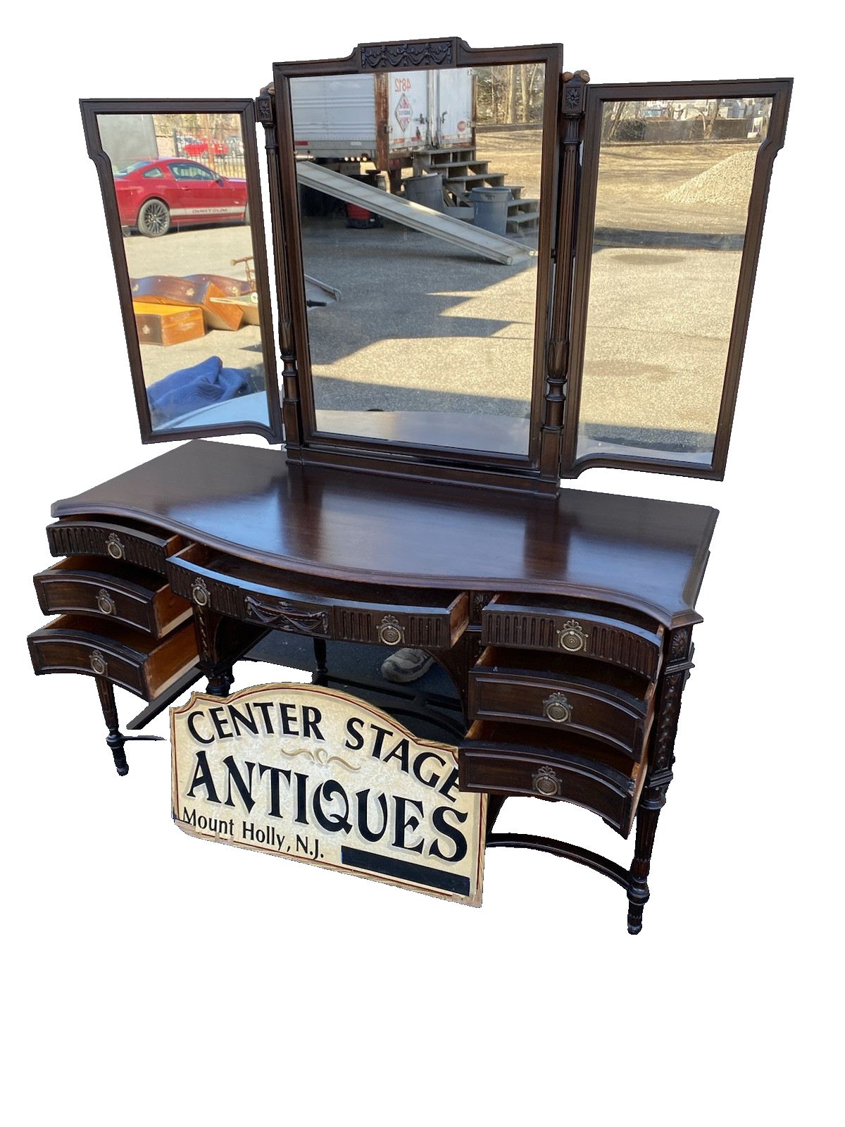 66340 Antique Mahogany Vanity Desk with Tri - Fold Mirror RARE FIND