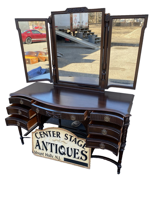 66340 Antique Mahogany Vanity Desk with Tri - Fold Mirror RARE FIND
