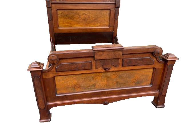 63933   Antique Victorian Walnut  2 pc Marble Top Bedroom Set Bed Dresser w/ Mir