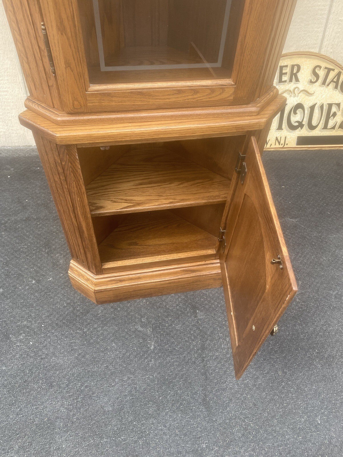 64573 PAIR   Oak Corner Cabinet Curio s With 3 wood and glass shelves each