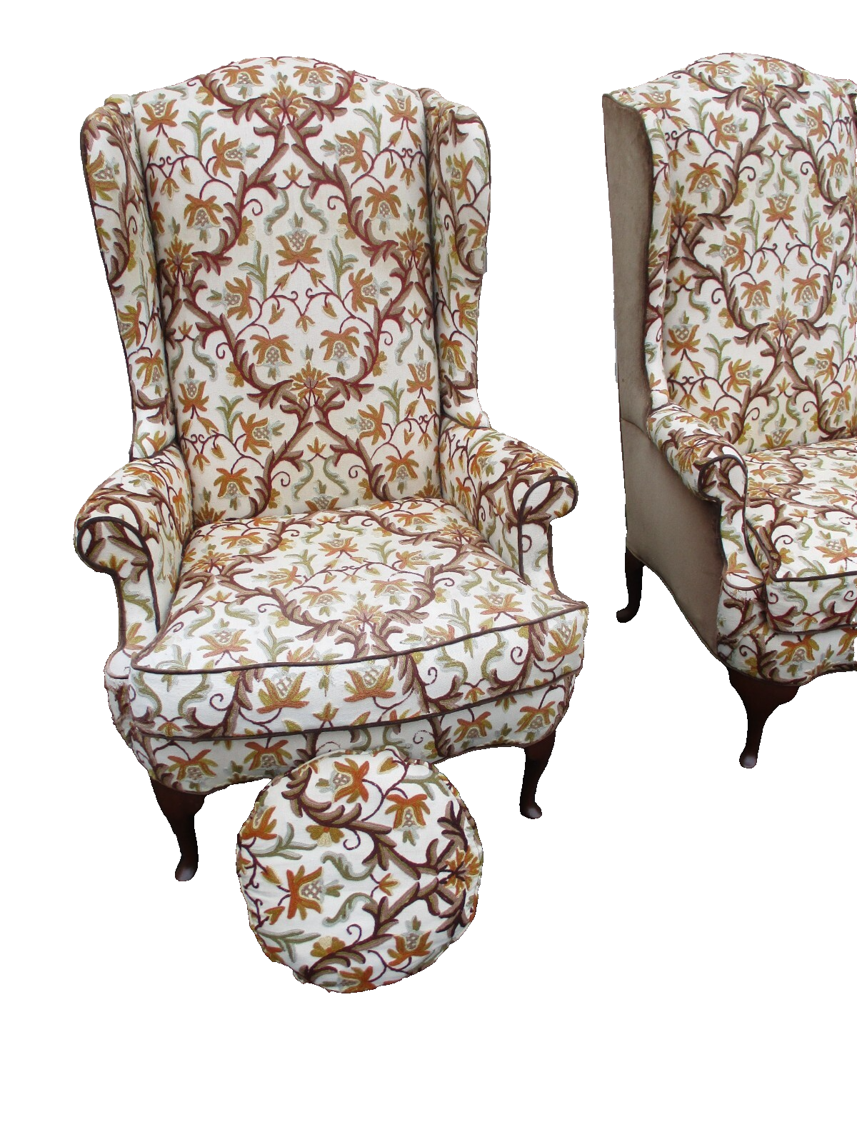 64184   Pair HICKORY  Furniture Crewel Embroidered Queen Anne Wing Chair s