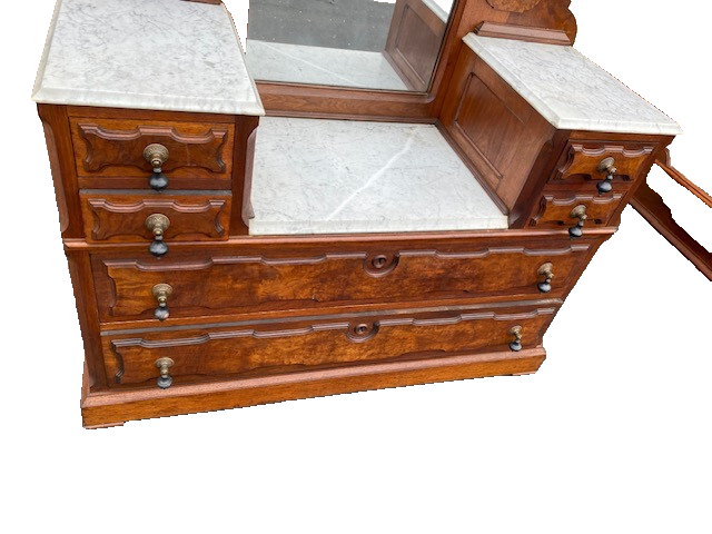 63933   Antique Victorian Walnut  2 pc Marble Top Bedroom Set Bed Dresser w/ Mir