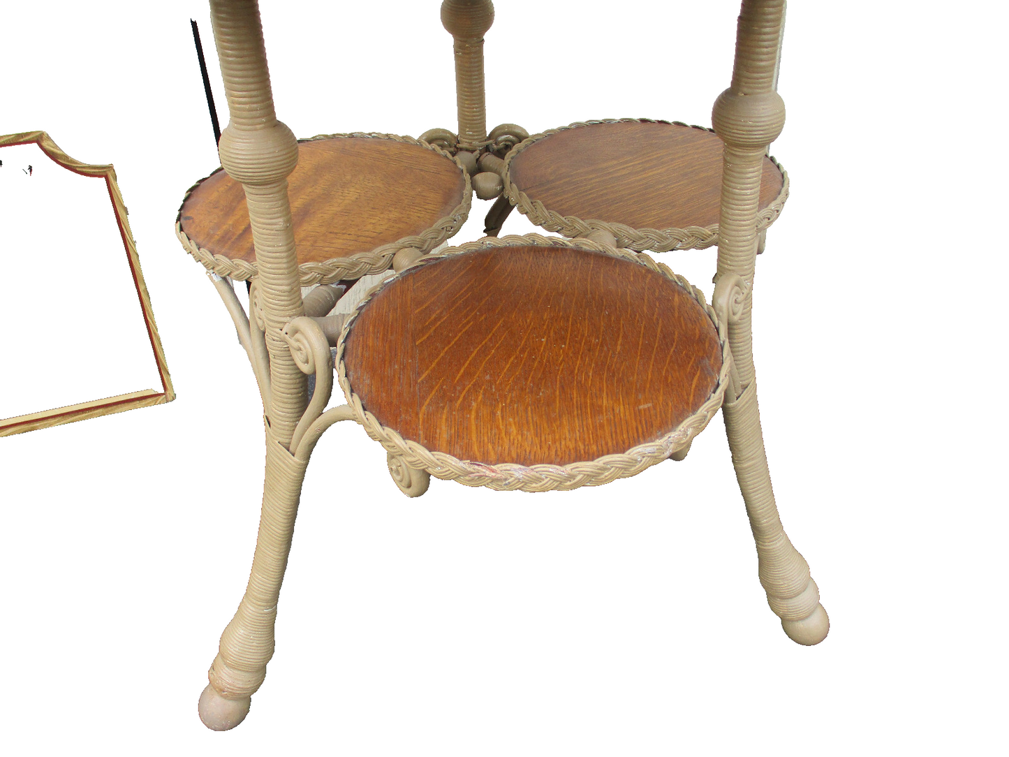 64404  Antique Victorian Oak and Wicker Lamp Table Stand HEYWOOD WAKEFIELD ???