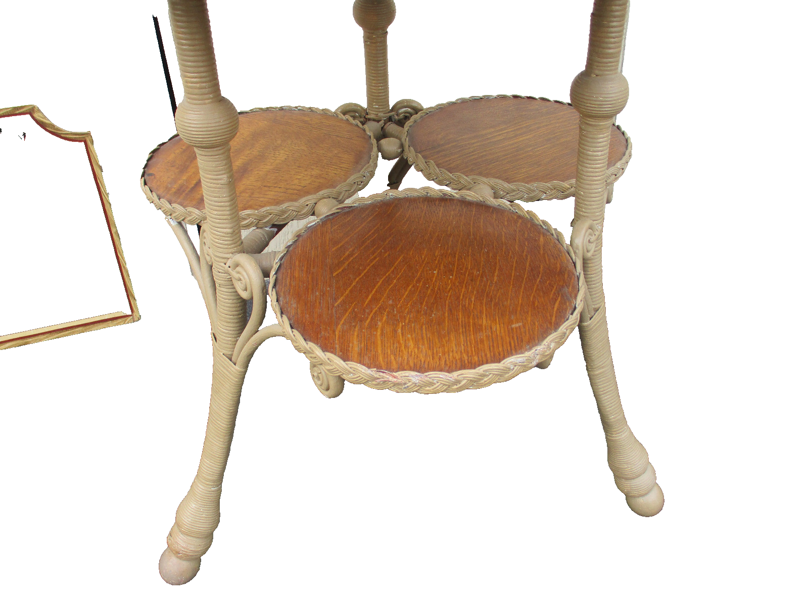 64404  Antique Victorian Oak and Wicker Lamp Table Stand HEYWOOD WAKEFIELD ???