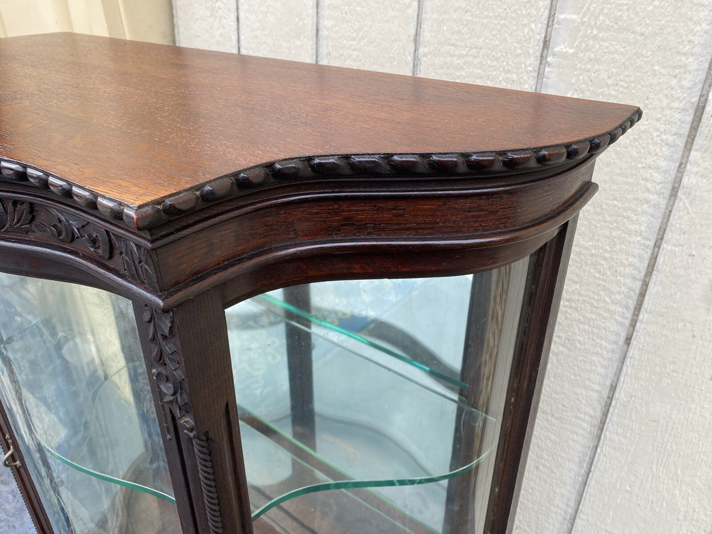 66107   Antique Victorian Oak Serpentine Curio China Cabinet