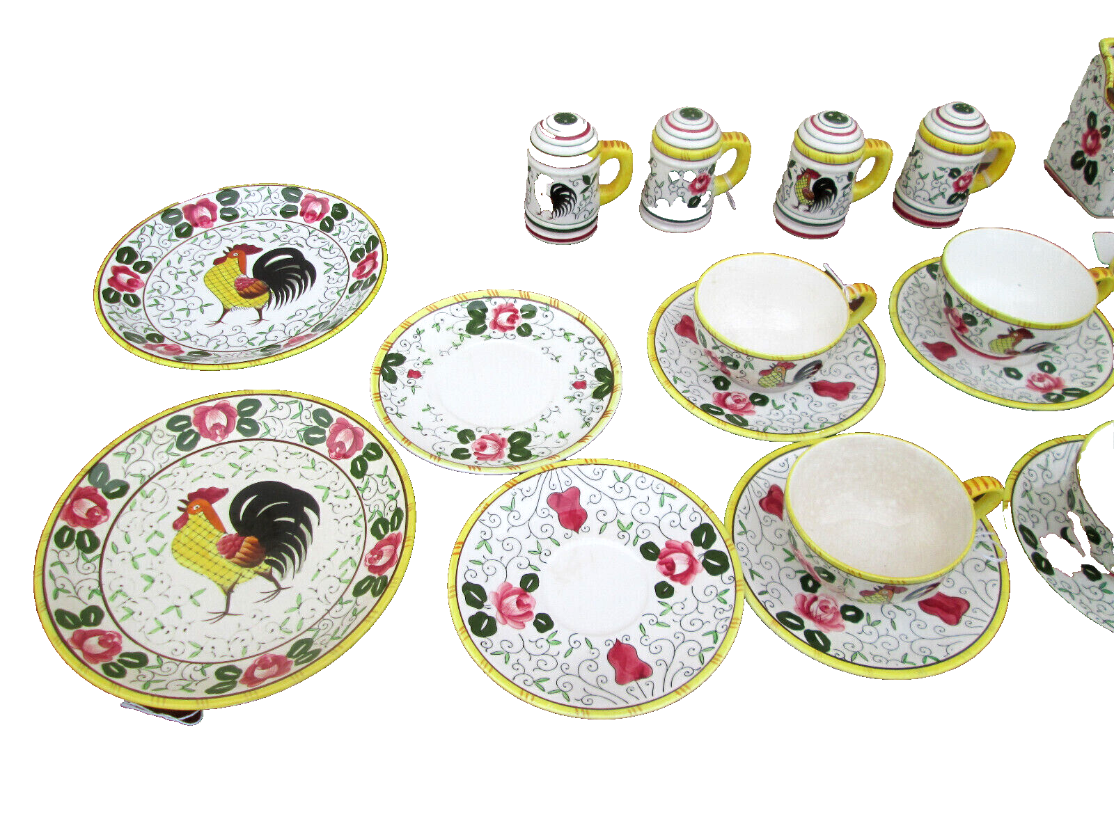 COLSW:  ROOSTER & ROSES PY  29 pieces Plates Bowls Salt Box Cup + Saucers
