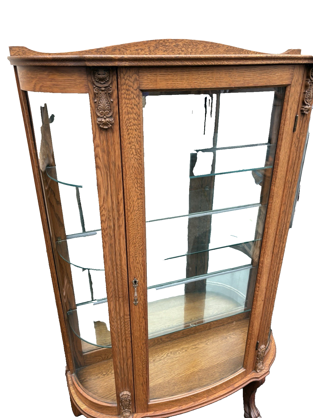 66846 Antique Victorian Oak Bow Glass Curio China Cabinet