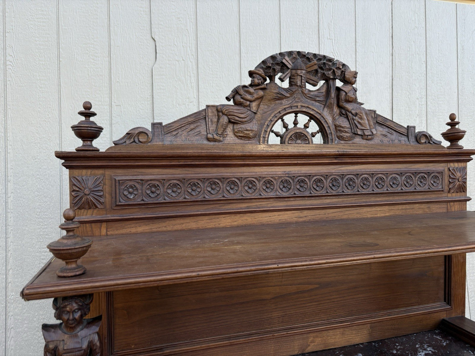 67011 Antique French Marble Top Buffet Sideboard Cabinet