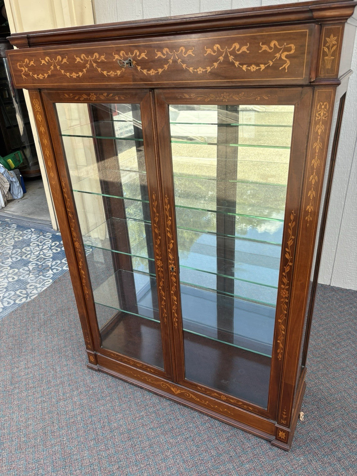 66973 Custom Hand Made Inlaid Mahogany Bookcase Curio Cabinet Etergie Drawer