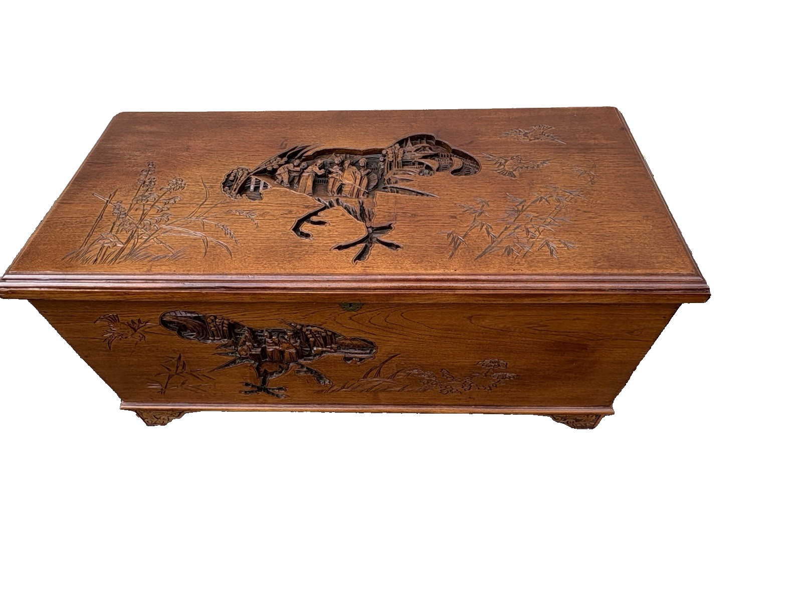 66999  Asian Oriental Hand Carved  Mahogany Storage Trunk