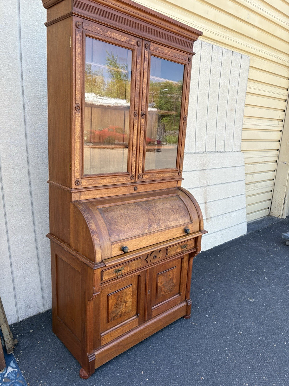 66644 Antique Victorian Walnut Cylinder Desk with Bookcase Top