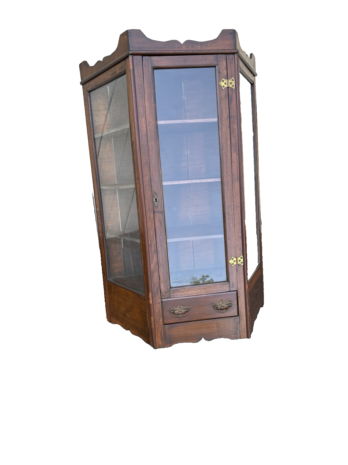 66800   Antique Victorian Walnut Whatnot Wall Curio Shelf with Drawer