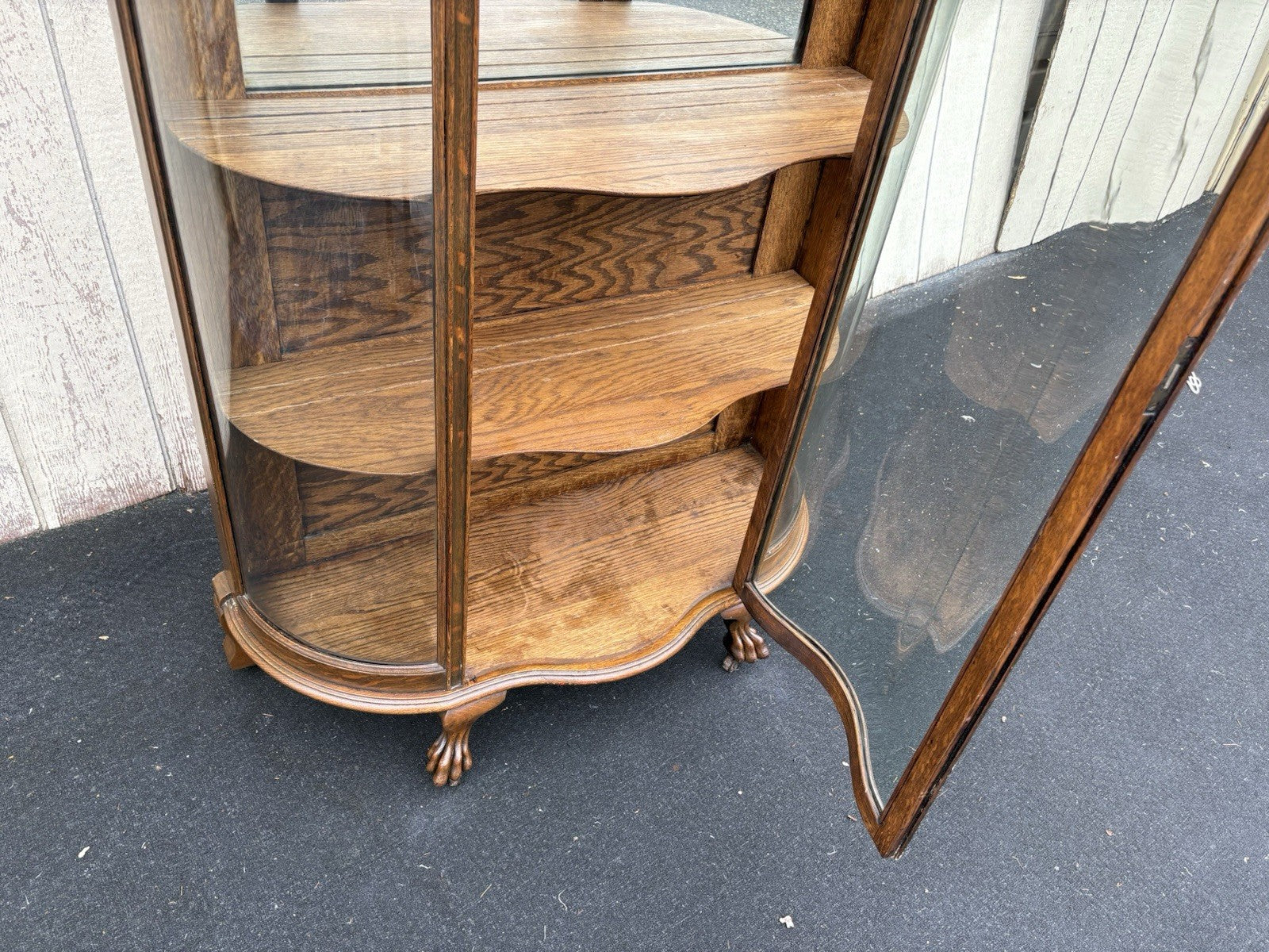 66717 Antique Victorian Oak Bow Glass Curio Cabinet + Serpentine Glass Door