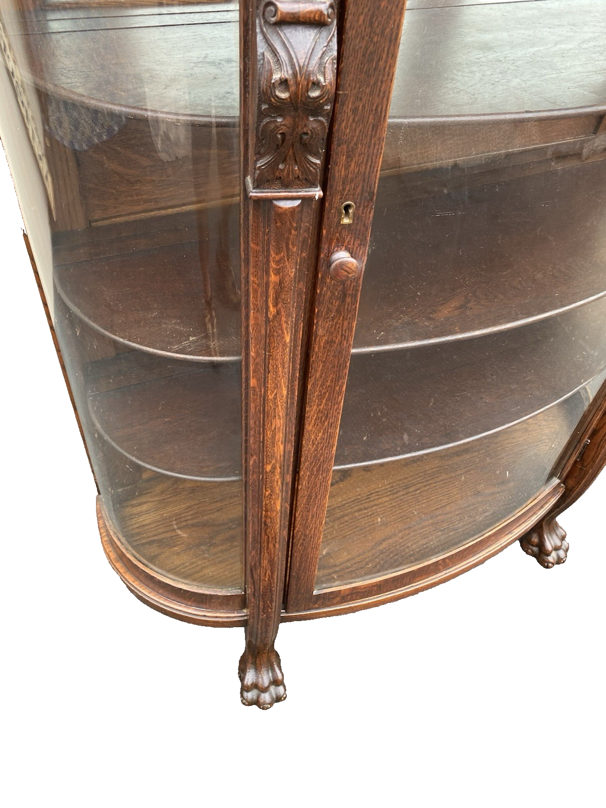 63537 Antique Victorian Oak Hand Carved Bow Glass Lion Head Curio China Cabinet