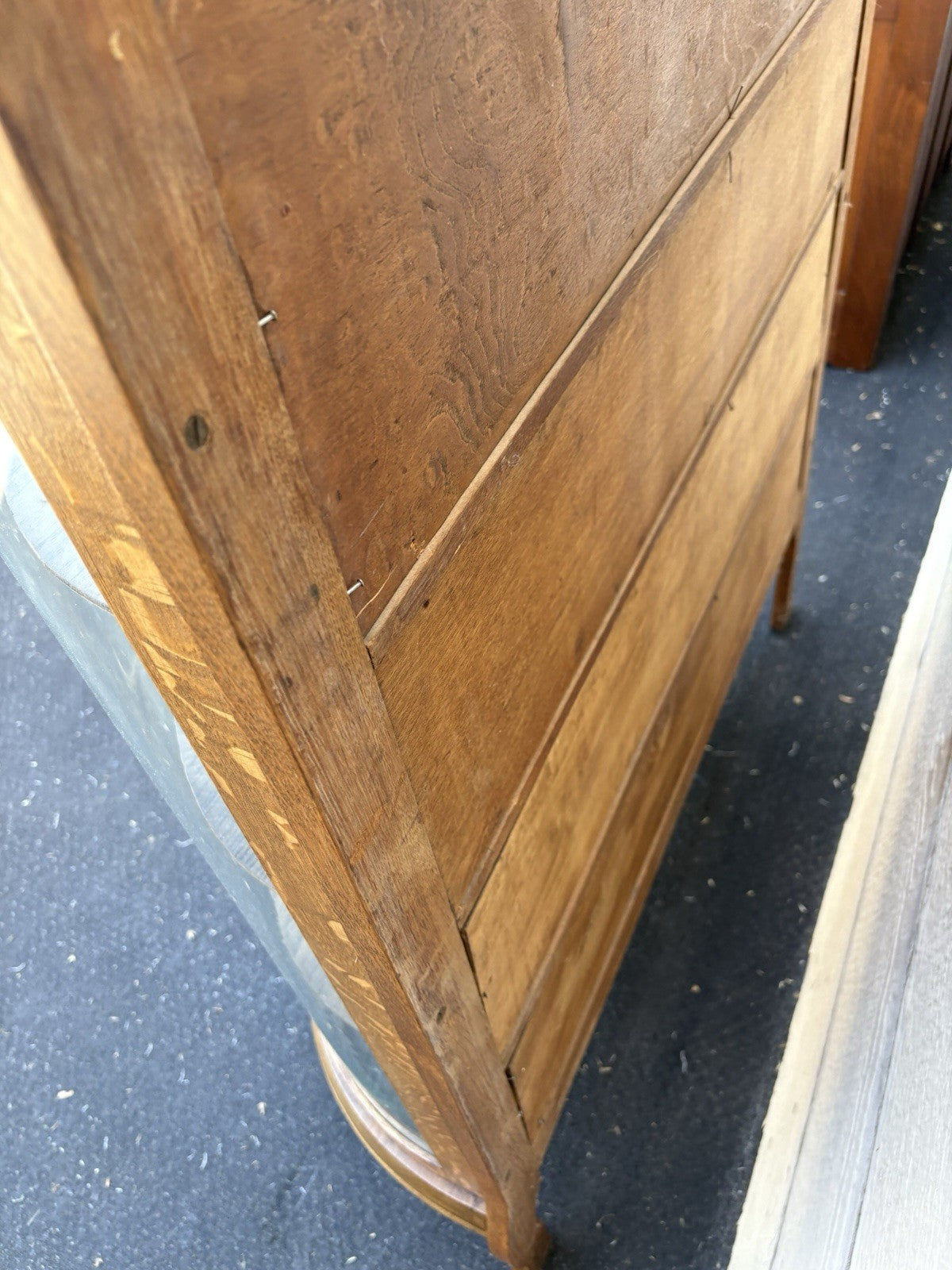 66656   Antique Victorian  Bow Glass Curio Cabinet with Angel Cherub Backsplash