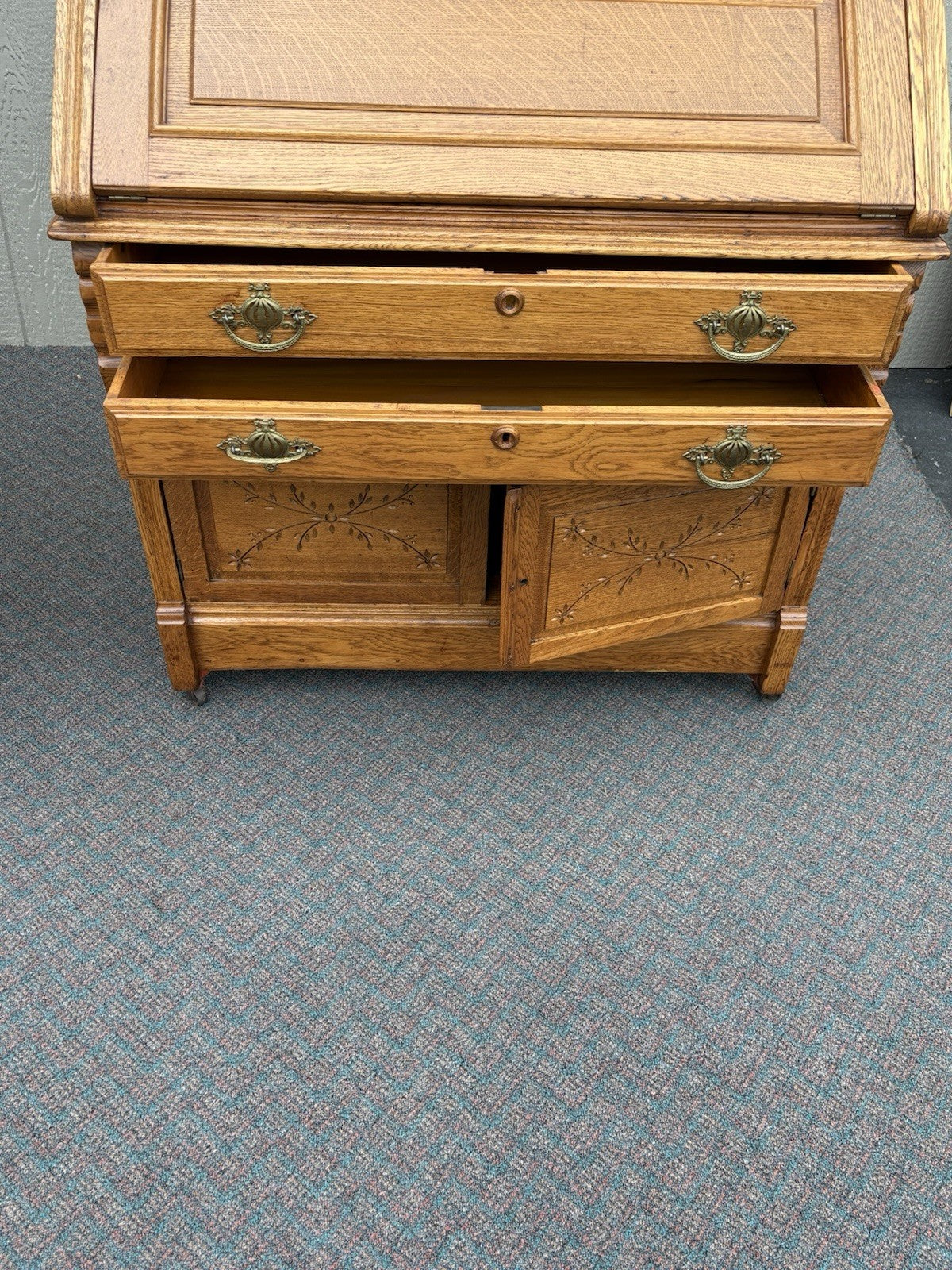 67028 Antique Victorian Oak Secretary Desk w/ Bookcase Top