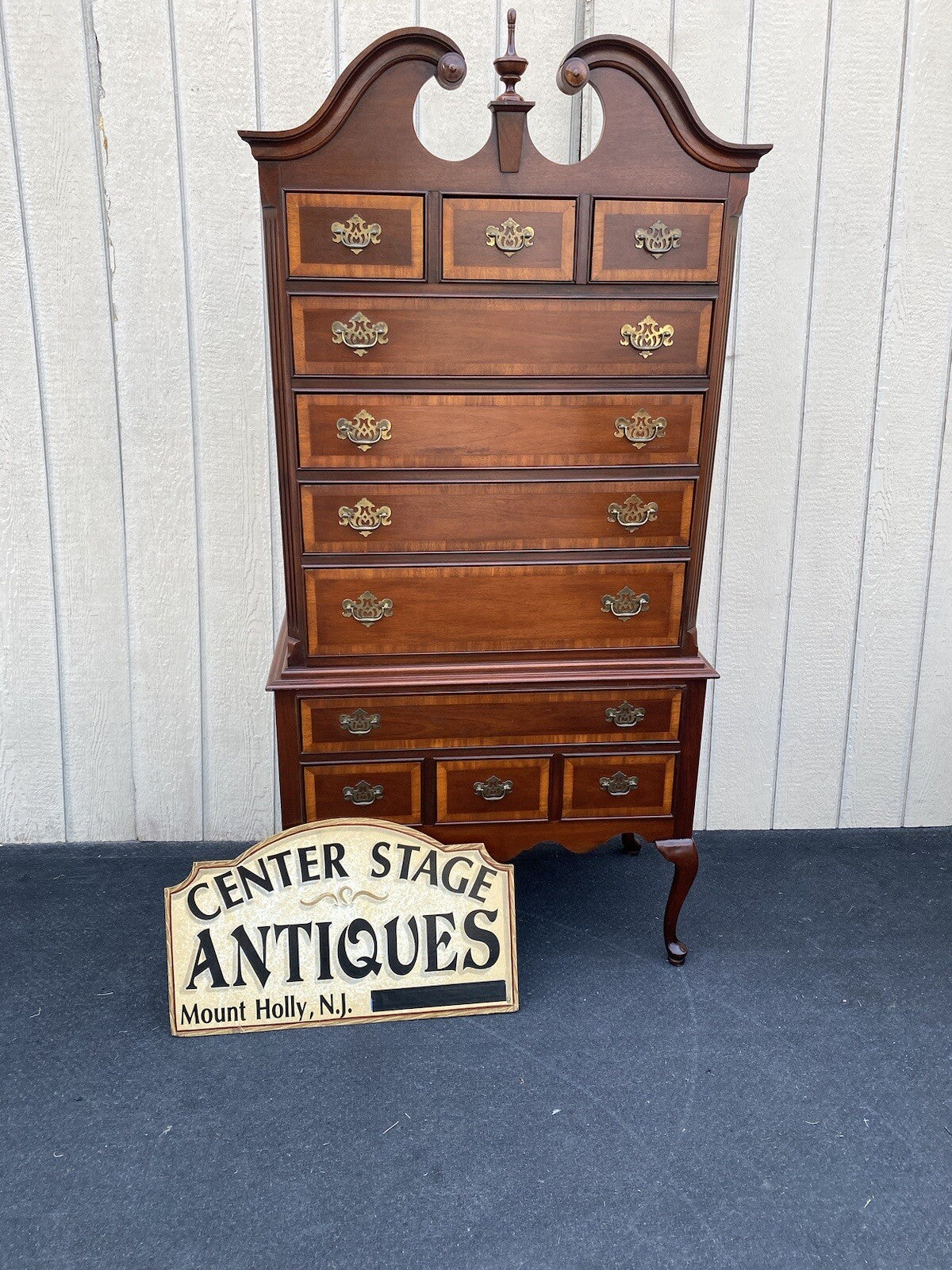 64546 Dixie Inlaid 2 Piece Banded  Mahogany Queen Anne High Boy