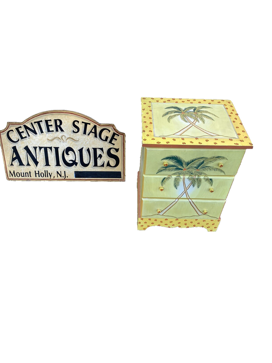 64930 Decorator Tropical Hand Painted Palm Trees Nightstand End Table