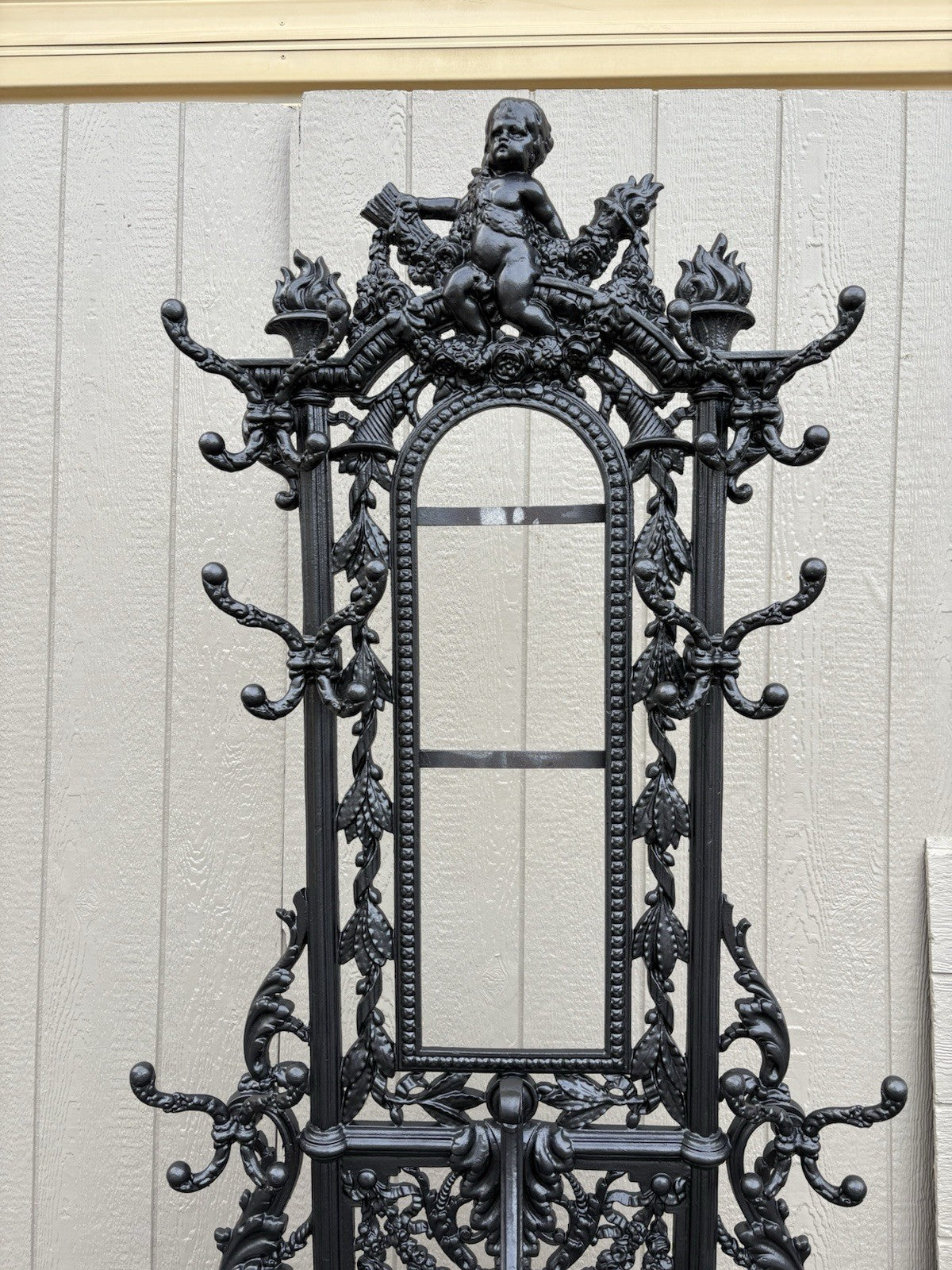 67160 Antique Victorian Cast Iron Hat Rack Halltree with Mirror Cherub and lion