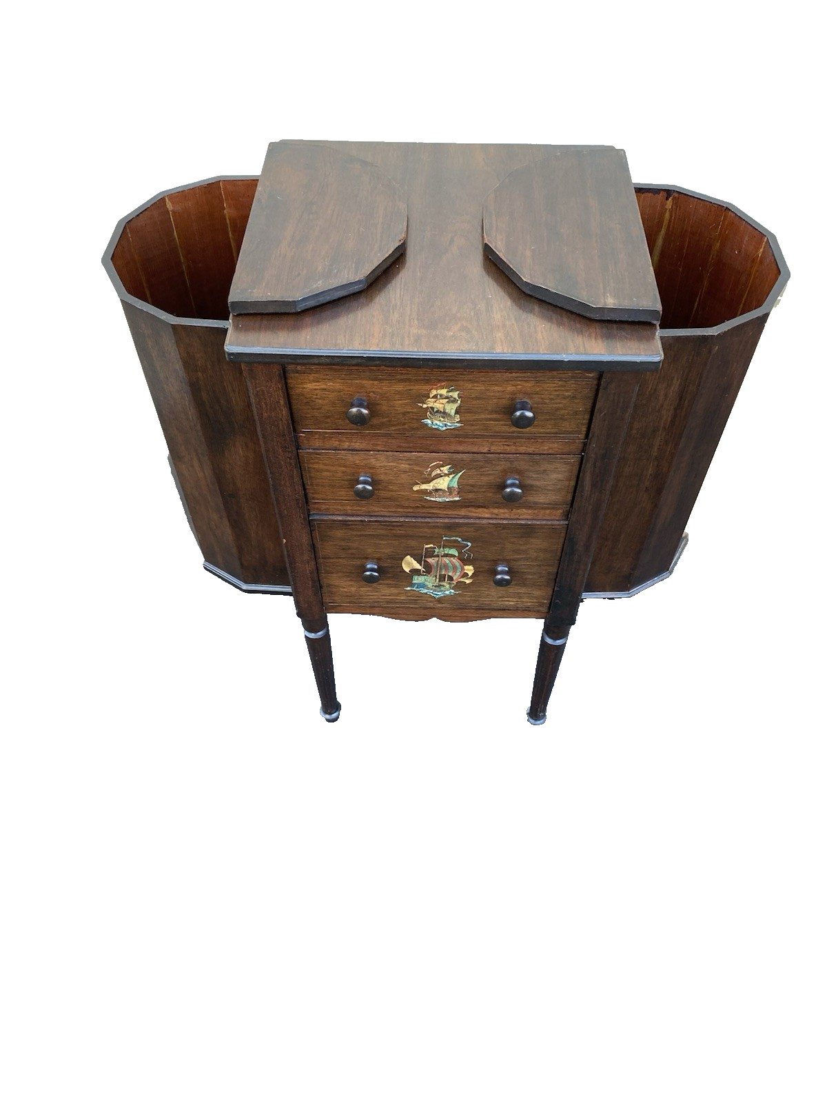 66476  Antique Mahogany Sewing Stand Parrot and Ship Designs