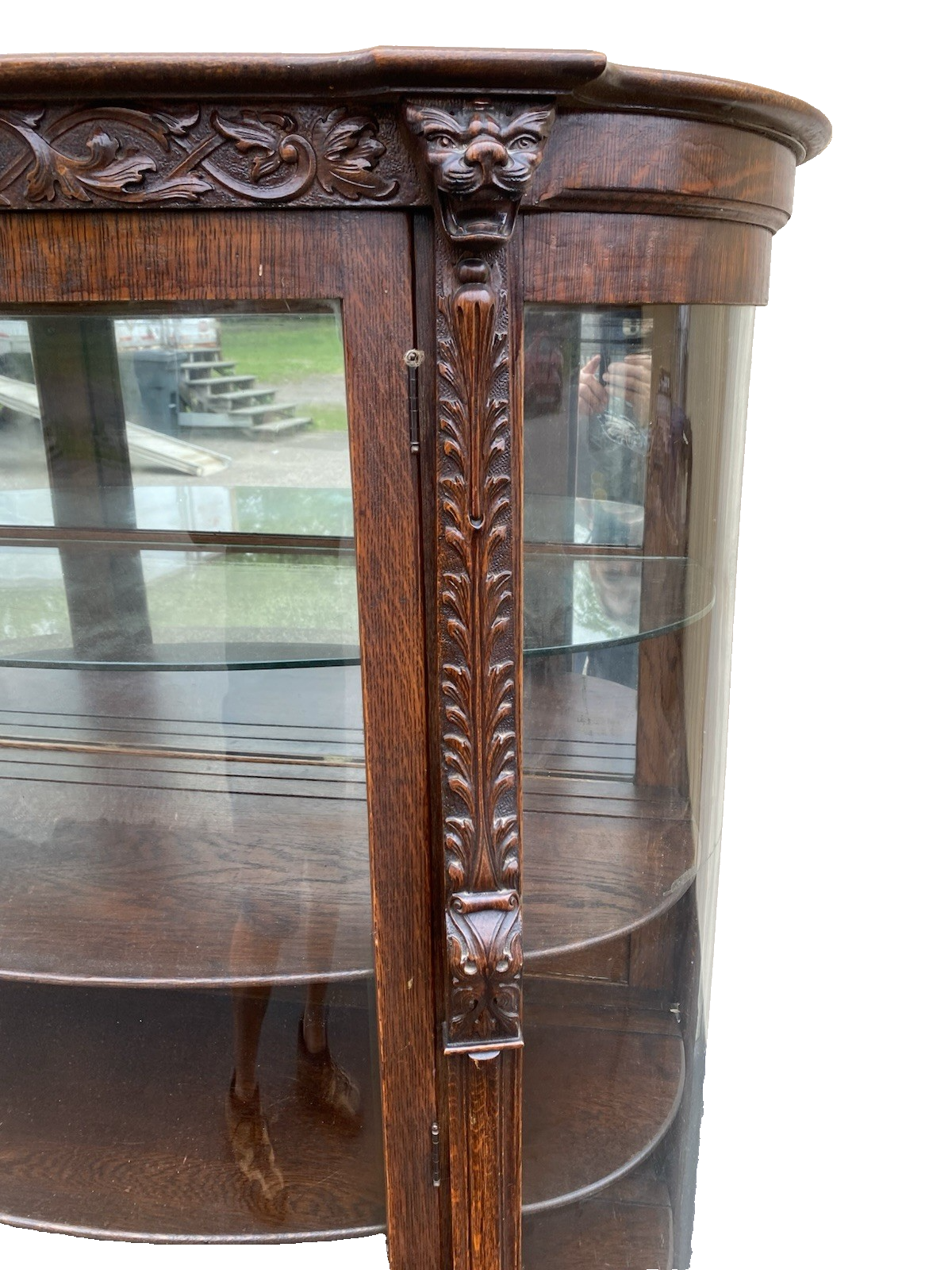 63537 Antique Victorian Oak Hand Carved Bow Glass Lion Head Curio China Cabinet