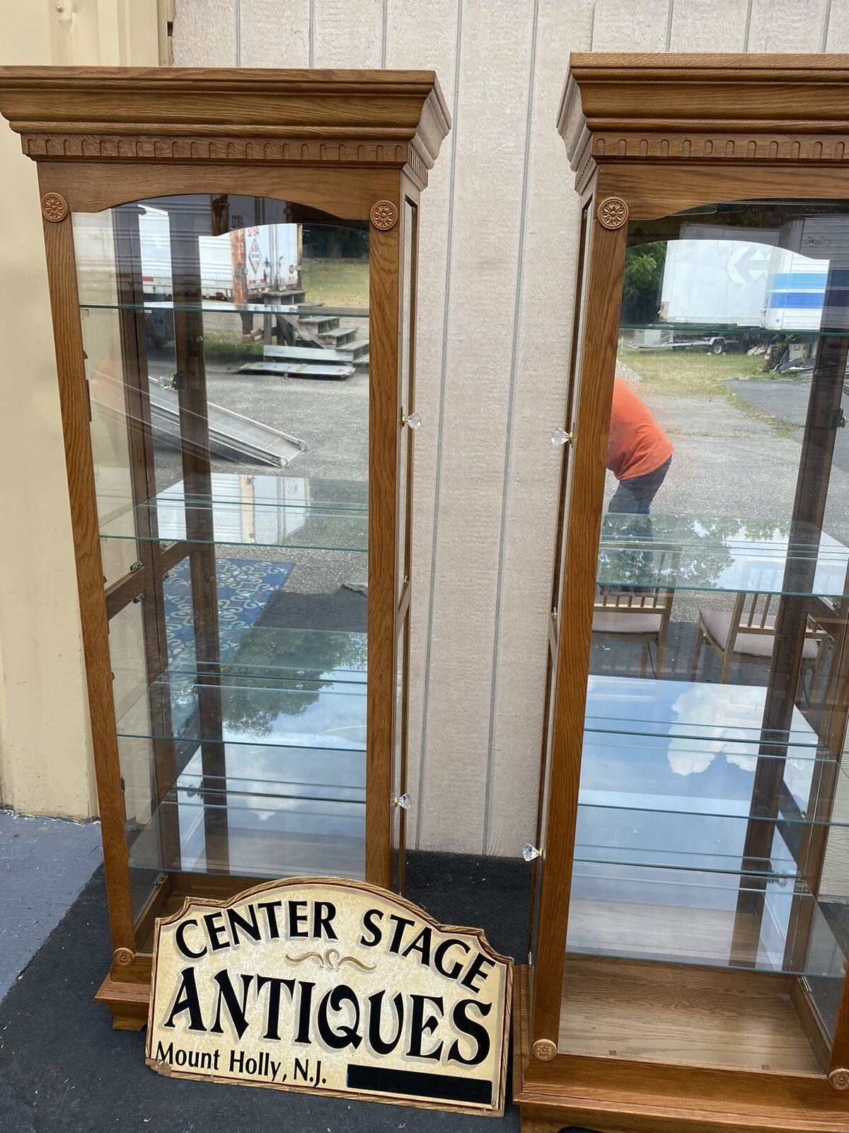 65590     PAIR   of    Matching    Oak Curio China Cabinets