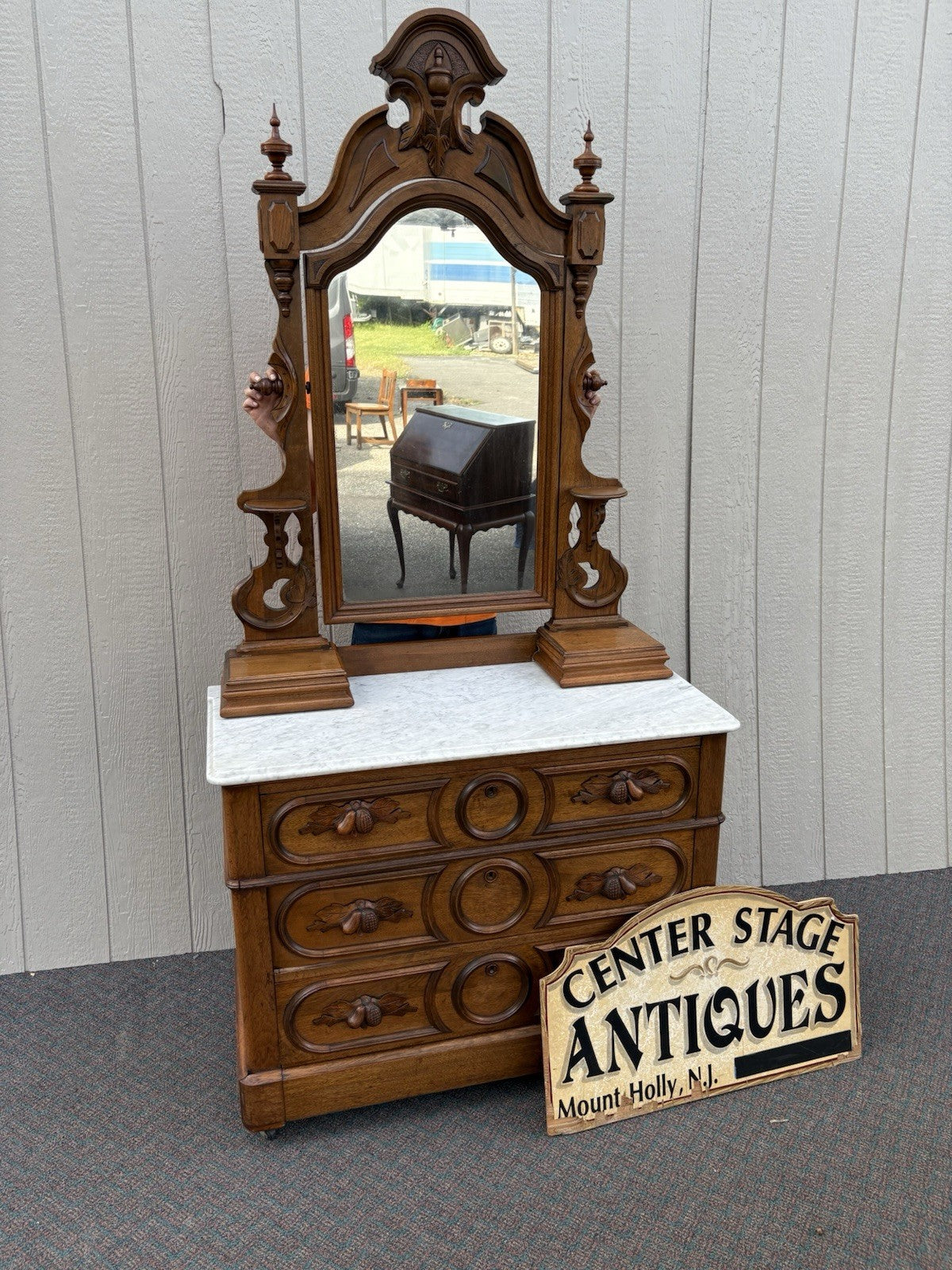 66668    RARE  Antique Victorian Oak Marble Top Dresser with Mirror