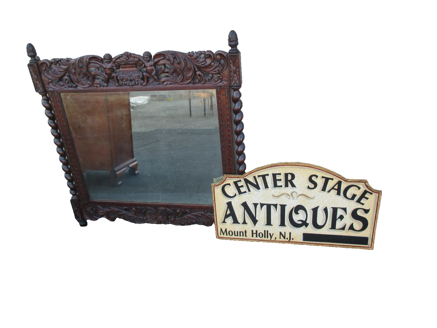 64039   Antique Oak Hand Made Mirror with Cherub Carvings