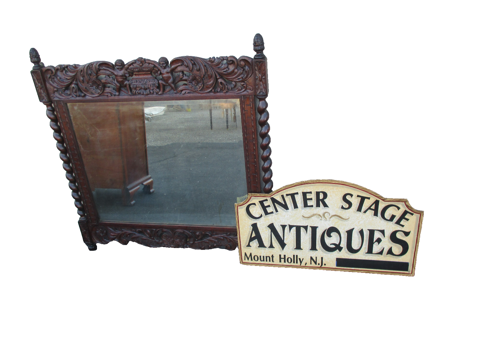 64039   Antique Oak Hand Made Mirror with Cherub Carvings