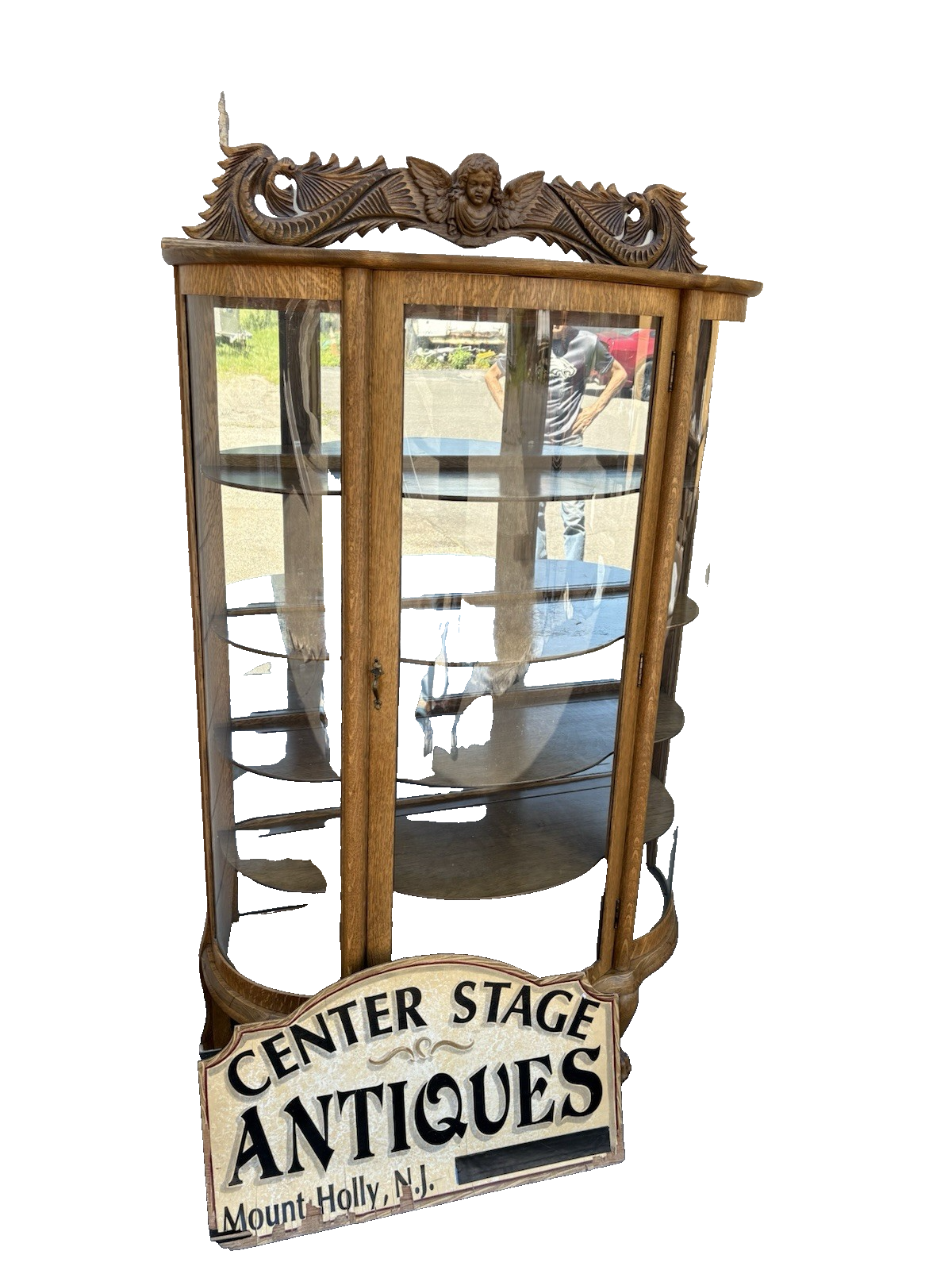 66656   Antique Victorian  Bow Glass Curio Cabinet with Angel Cherub Backsplash