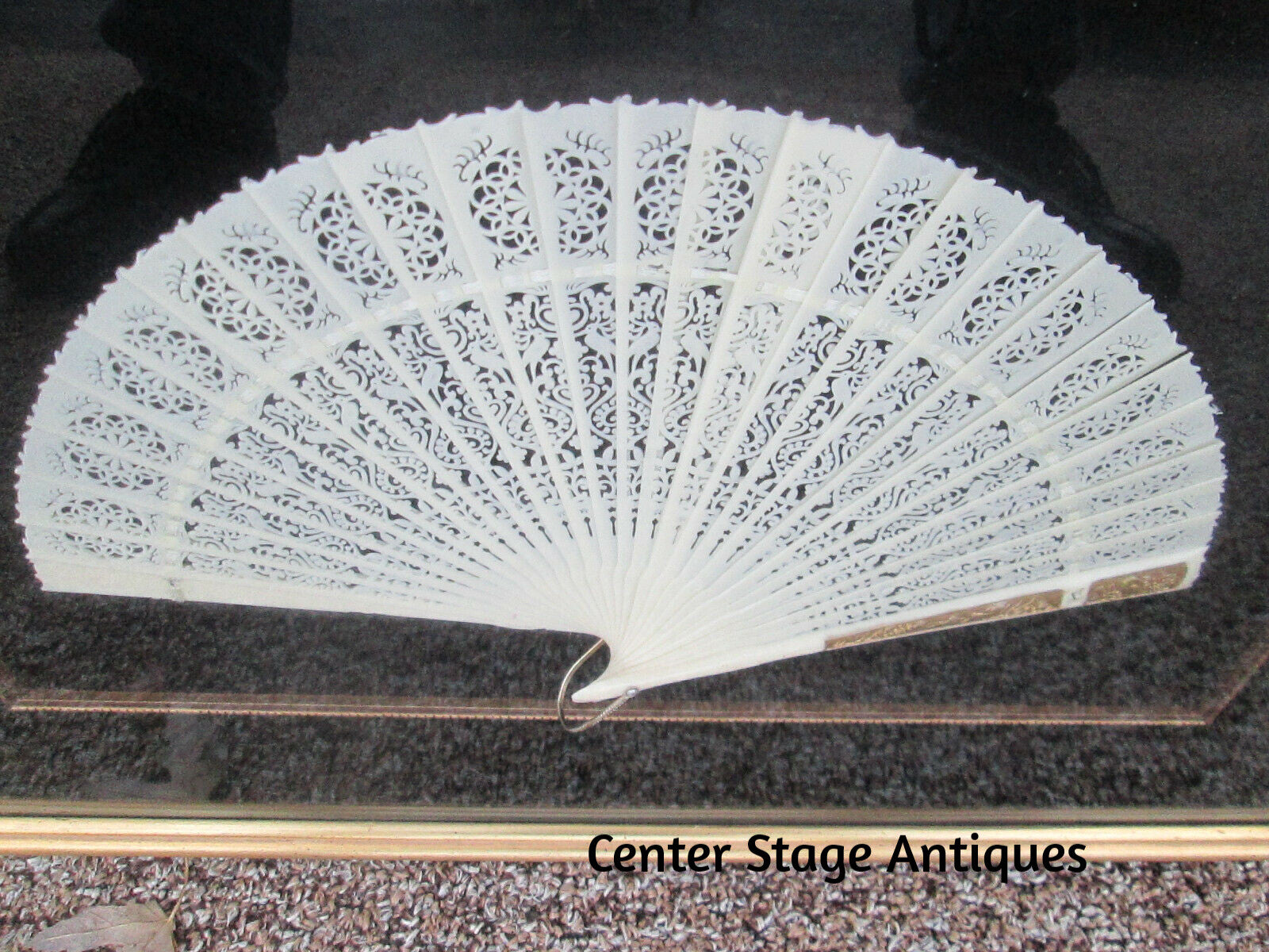 COL CW:    Decorative Celluloid Pierced Carved Fan in Frame