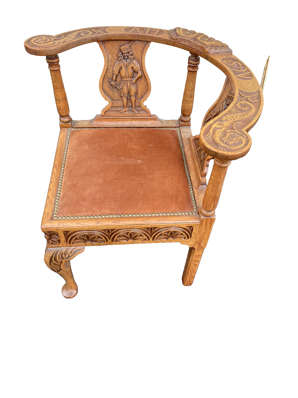 66381 Custom Made Hand Carved Oak Corner Chair