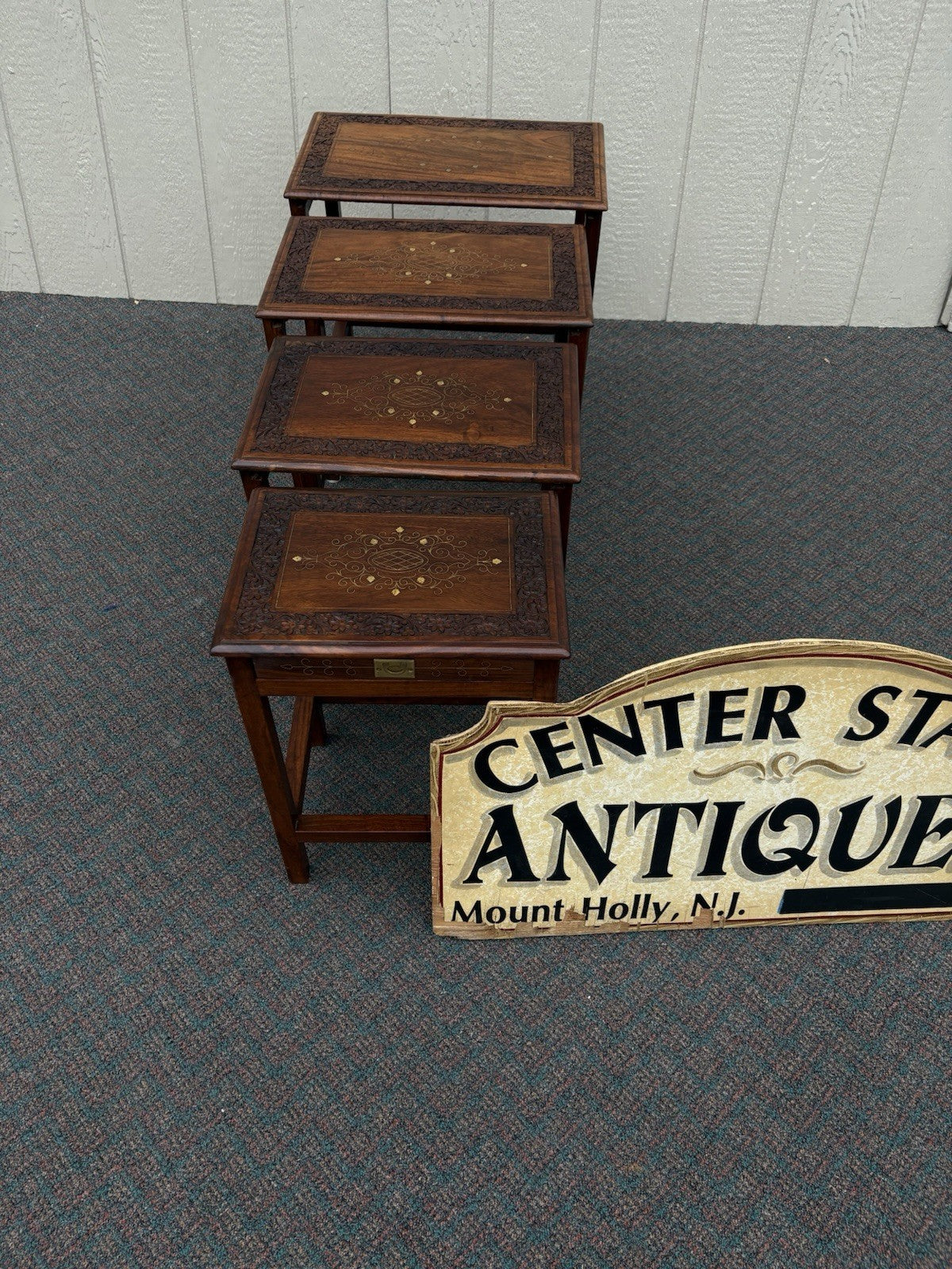 67039 Solid Mahogany Brass Inlaid Set of 4 Oriental Stacking Lamp  Table s