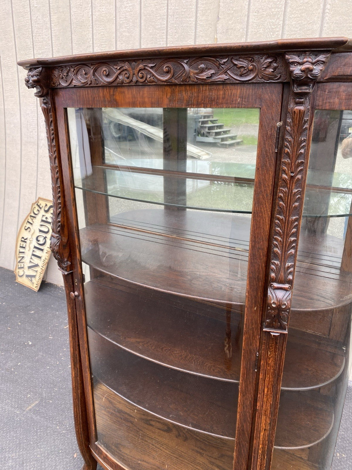 63537 Antique Victorian Oak Hand Carved Bow Glass Lion Head Curio China Cabinet