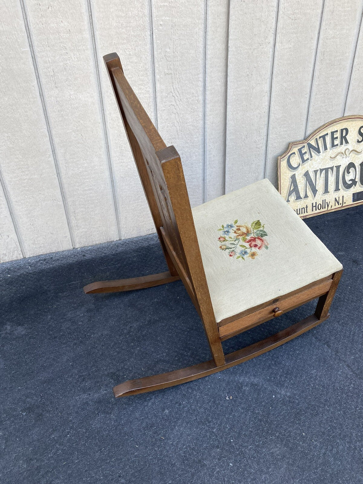 64507    Mission Oak  Rocking Rocker Chair w/ Sewing Drawer + Needlepoint seat