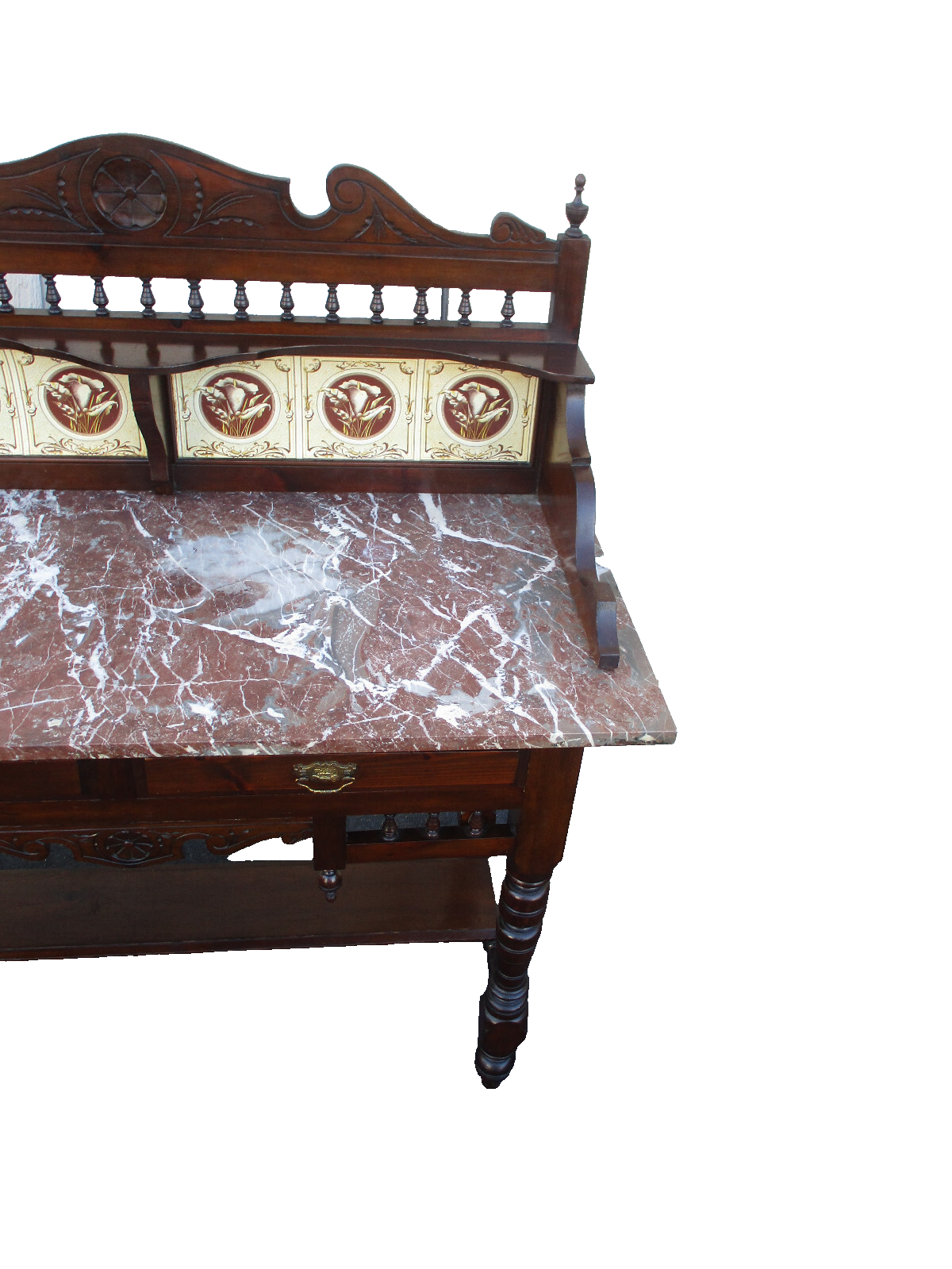 64037  Antique Victorian Marble Top Tile Back Washstand Chest Dresser