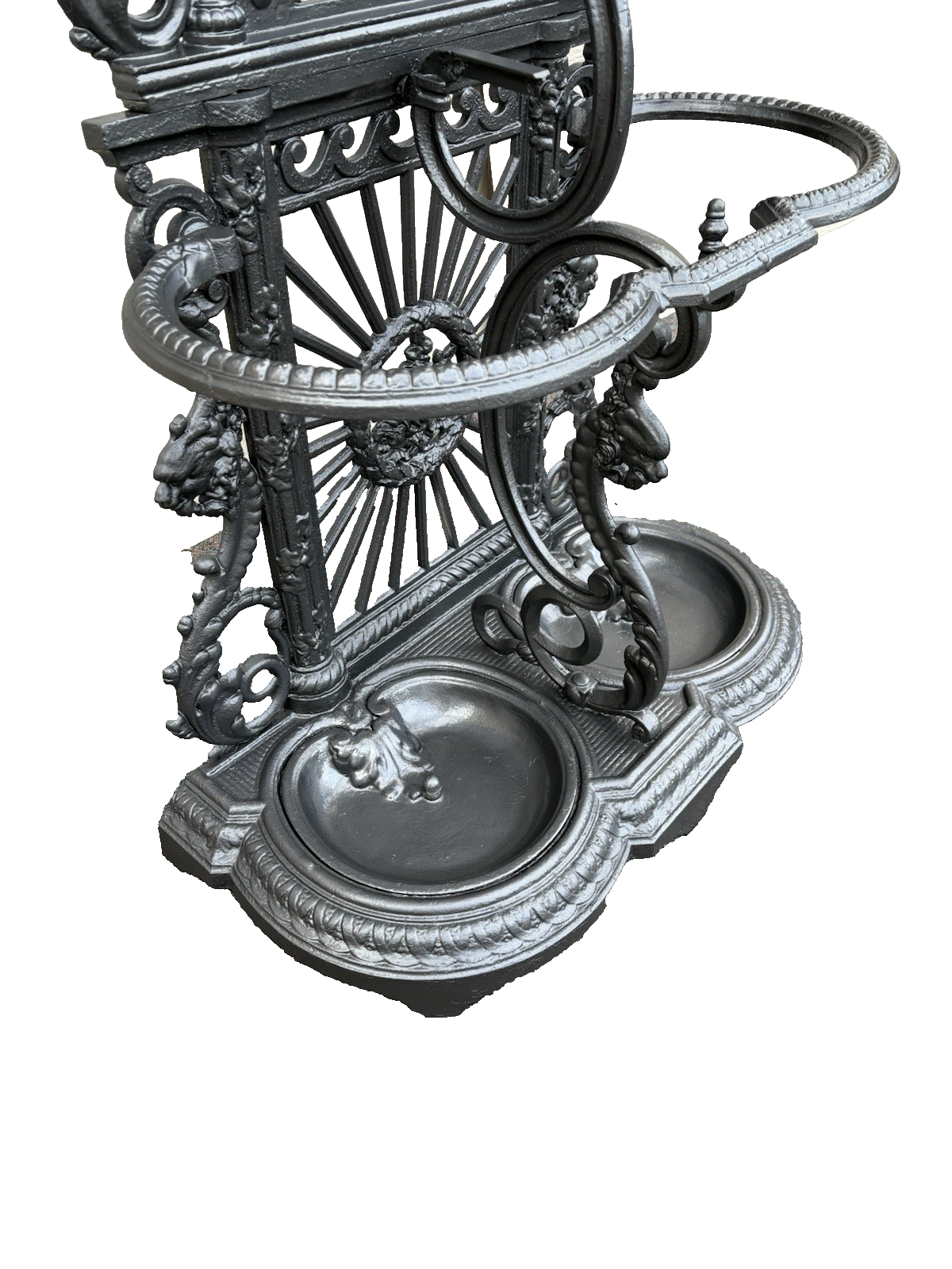 65703  Antique Victorian Cast Iron Hat Rack Halltree with Mirror Cherub and lion