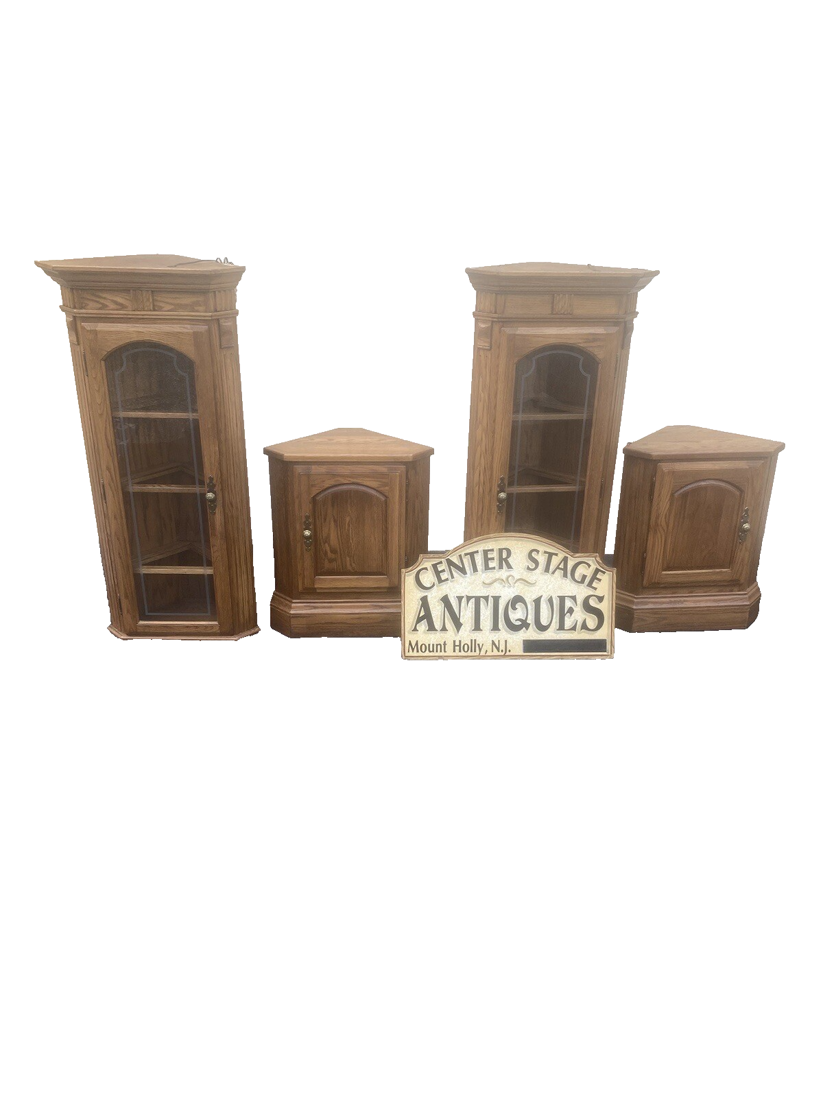 64573  PAIR Oak Corner Cabinet Curio s  With 3 wood and glass shelves each