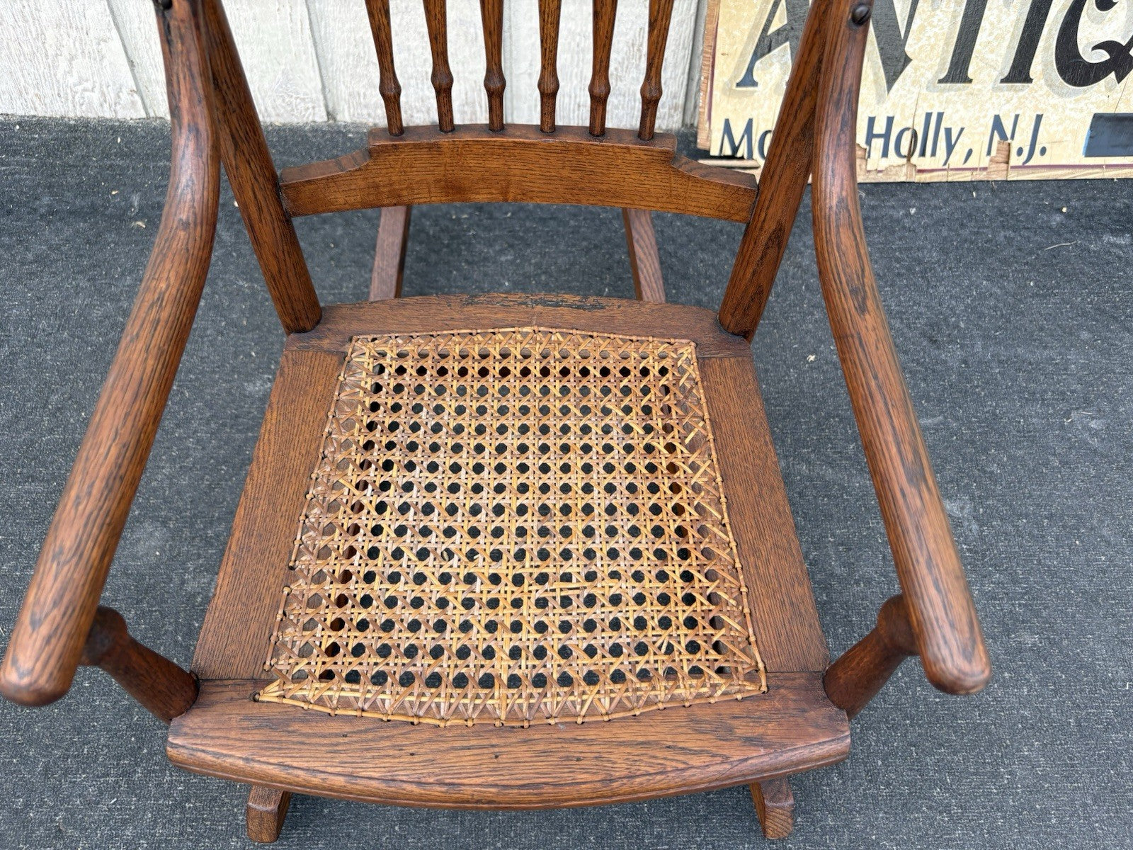 66795   Antique Childs  Victorian Oak Pressed Back Rocker Rocking chair