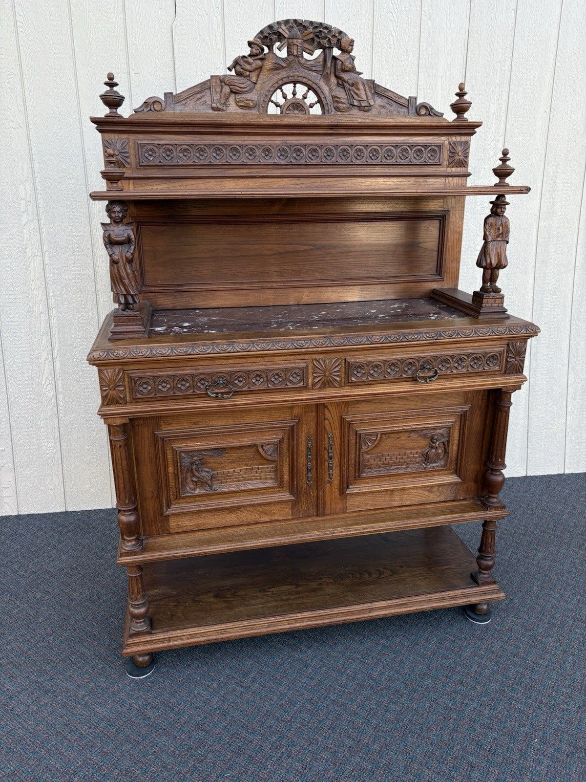 67011 Antique French Marble Top Buffet Sideboard Cabinet