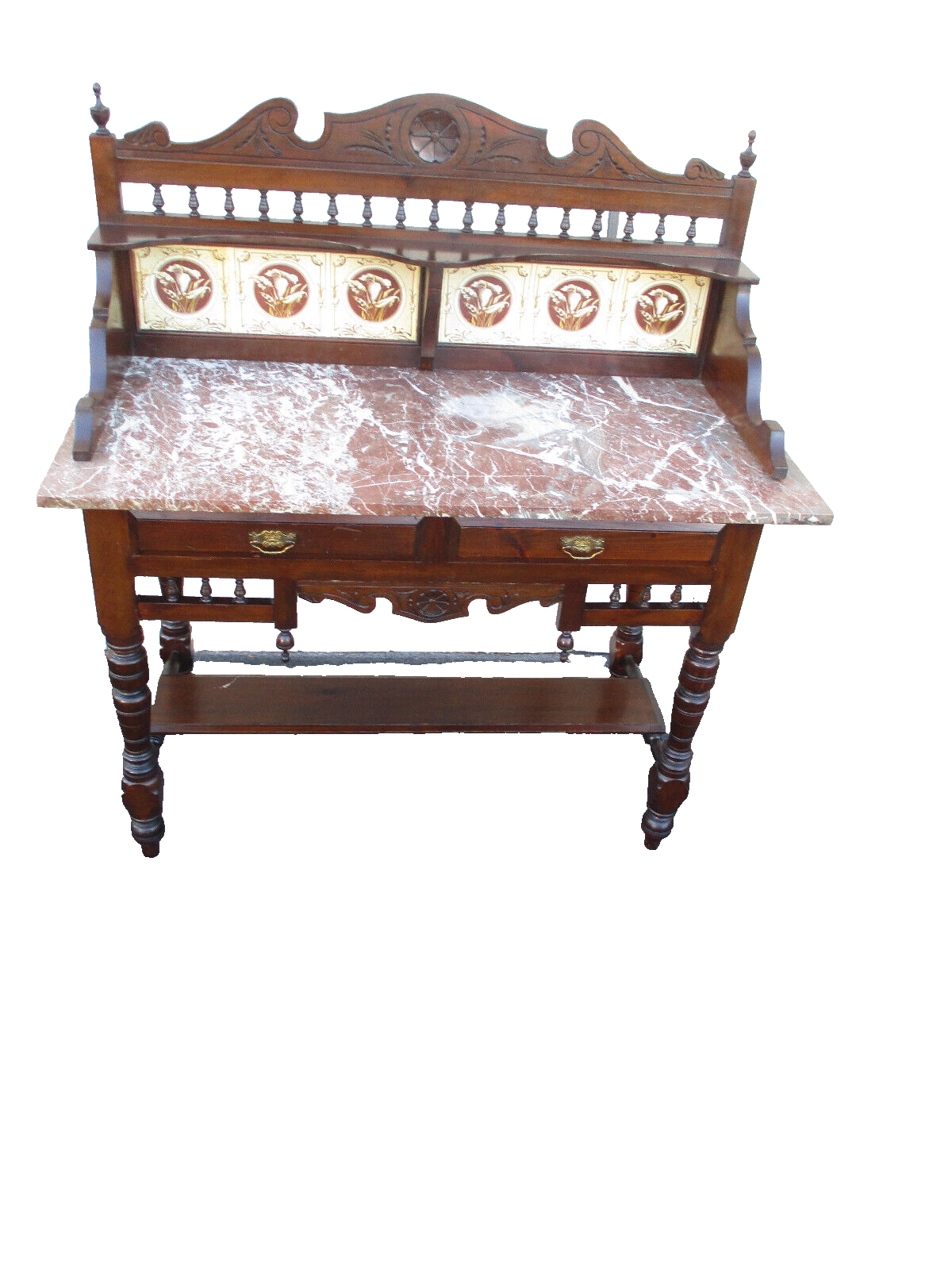 64037  Antique Victorian Marble Top Tile Back Washstand Chest Dresser