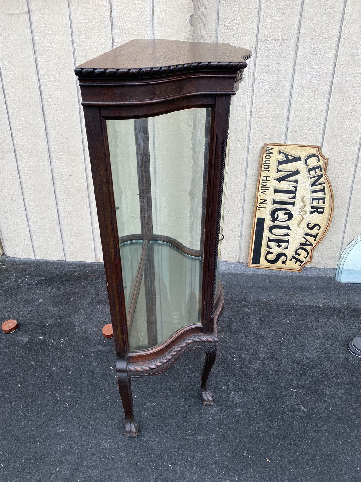66107   Antique Victorian Oak Serpentine Curio China Cabinet