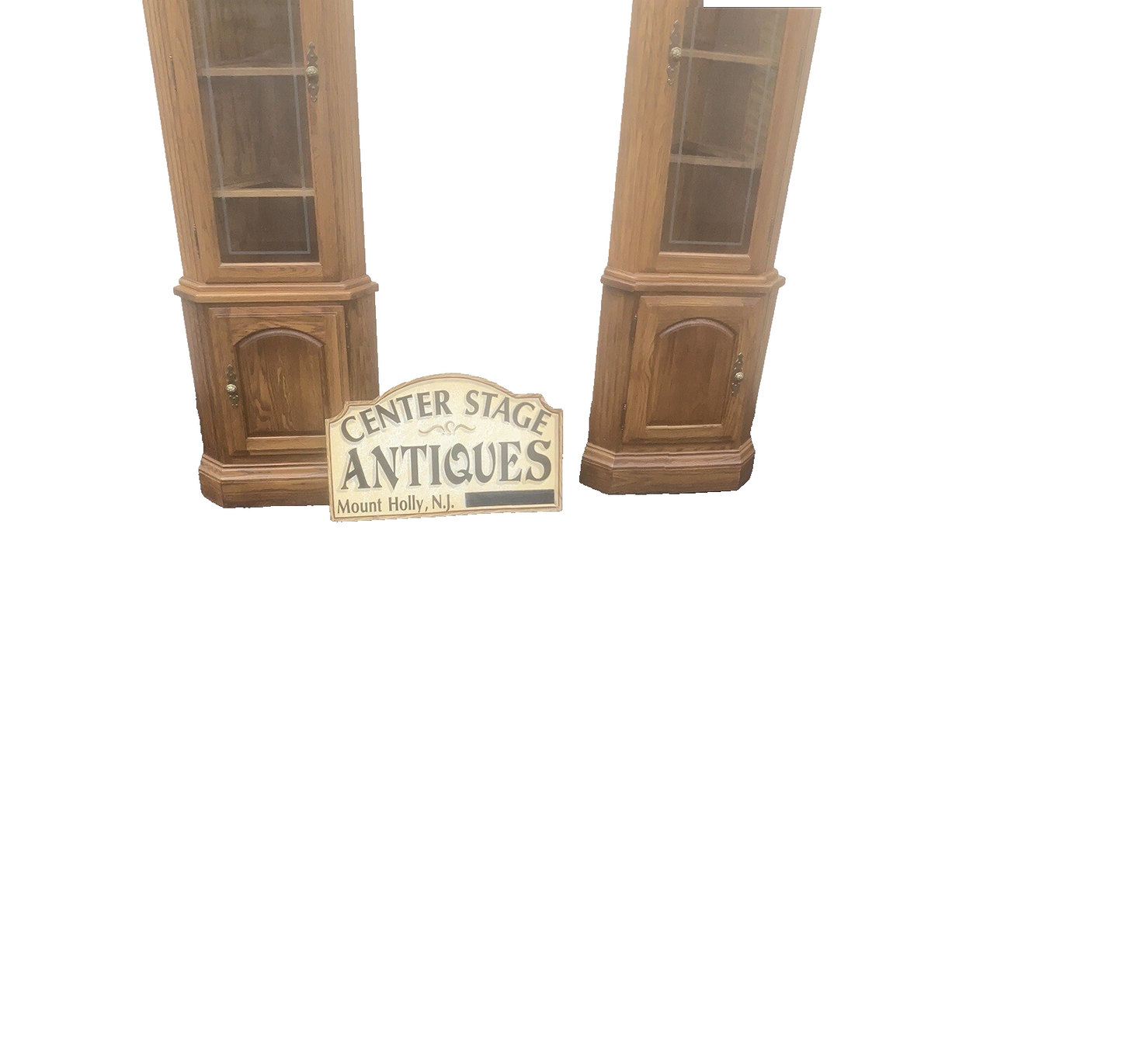 64573  PAIR Oak Corner Cabinet Curio s  With 3 wood and glass shelves each