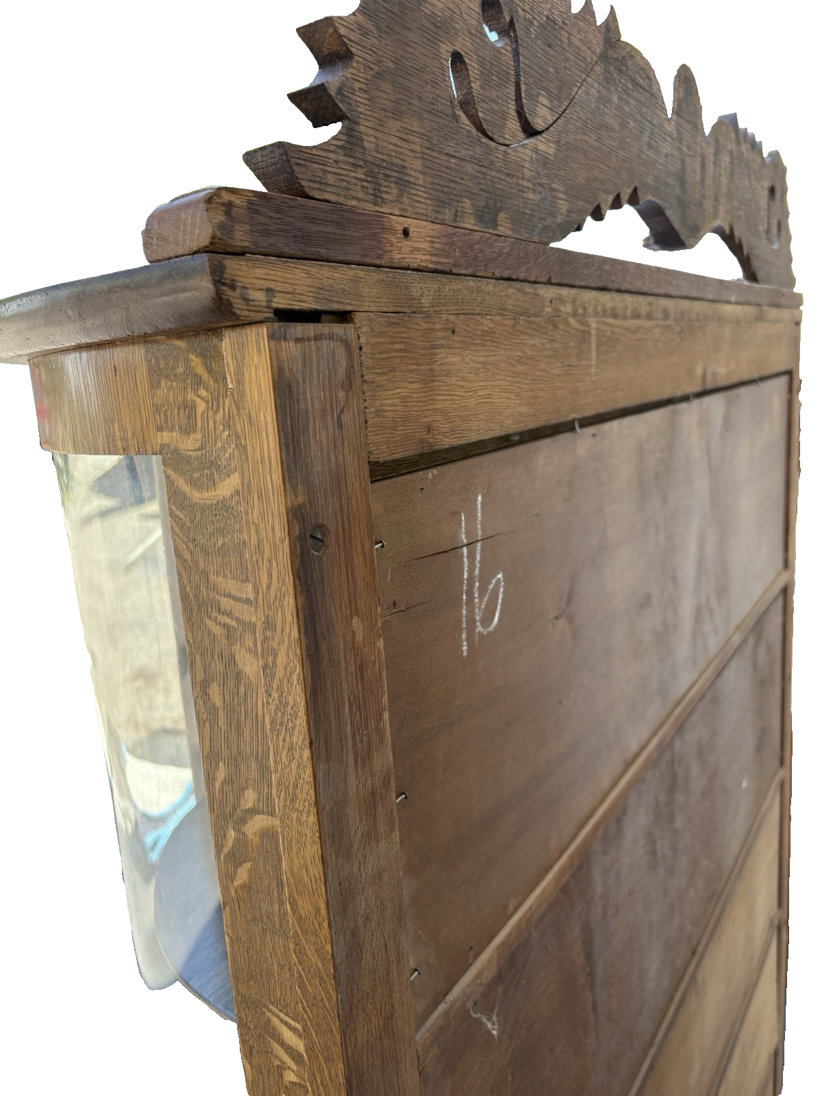 66656   Antique Victorian  Bow Glass Curio Cabinet with Angel Cherub Backsplash