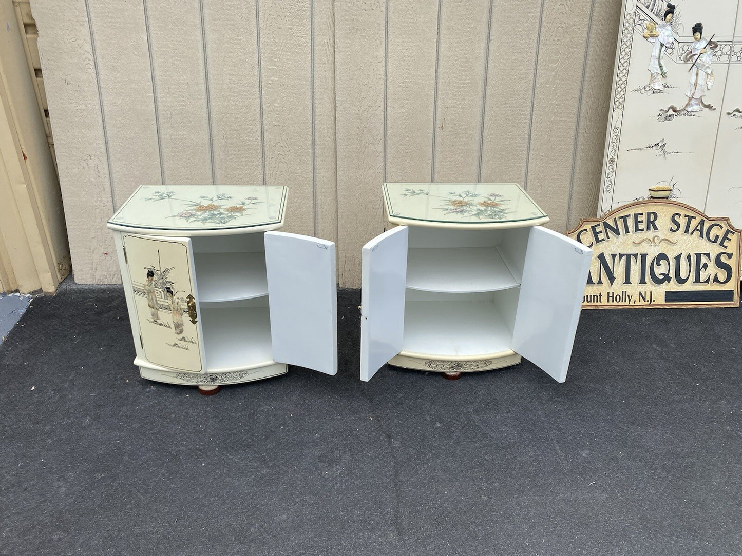 64600 PAIR  Bow Front Decorated Oriental Nightstands End Table s